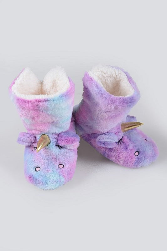 Fuzzy Unicorn Rainbow Dyed Slipper Booties