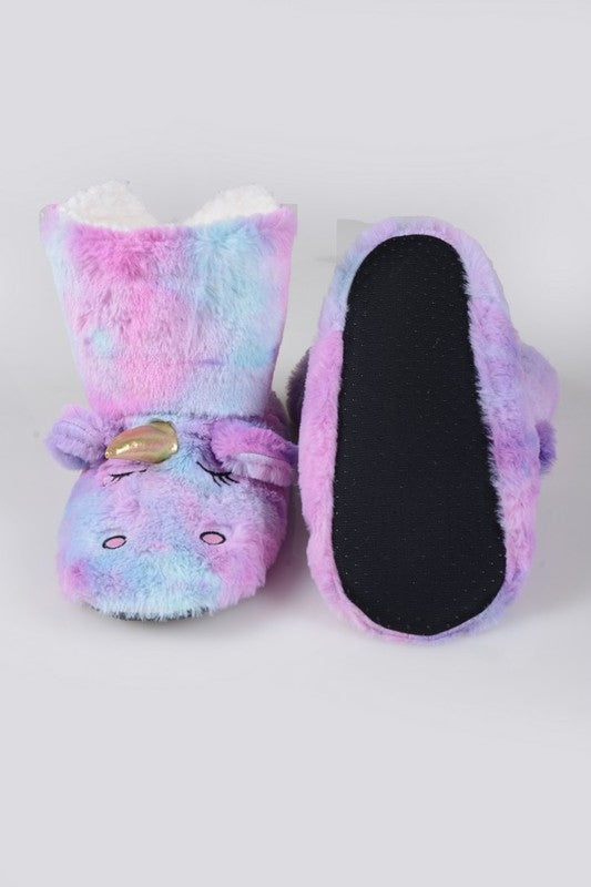 Fuzzy Unicorn Rainbow Dyed Slipper Booties