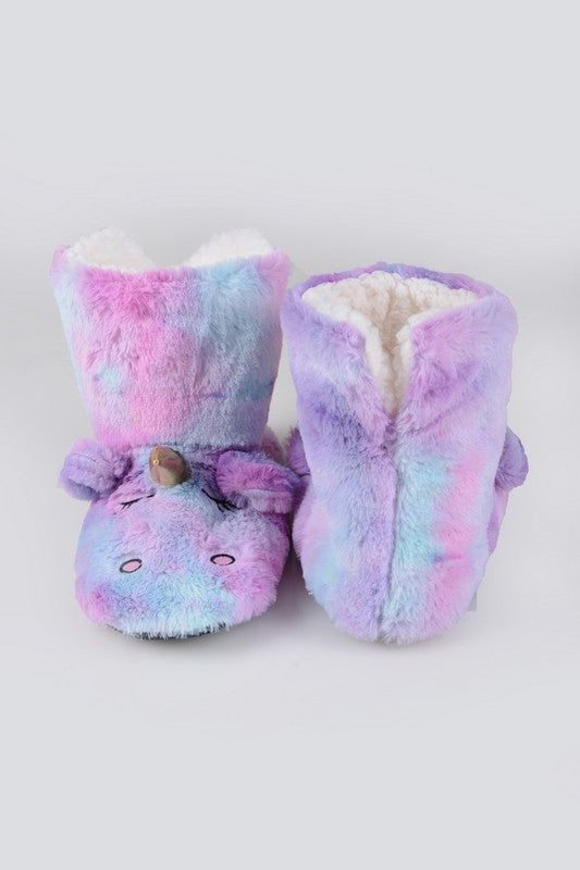 Fuzzy Unicorn Rainbow Dyed Slipper Booties