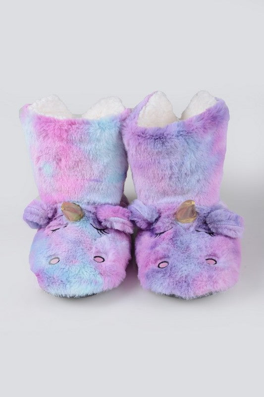 Fuzzy Unicorn Rainbow Dyed Slipper Booties